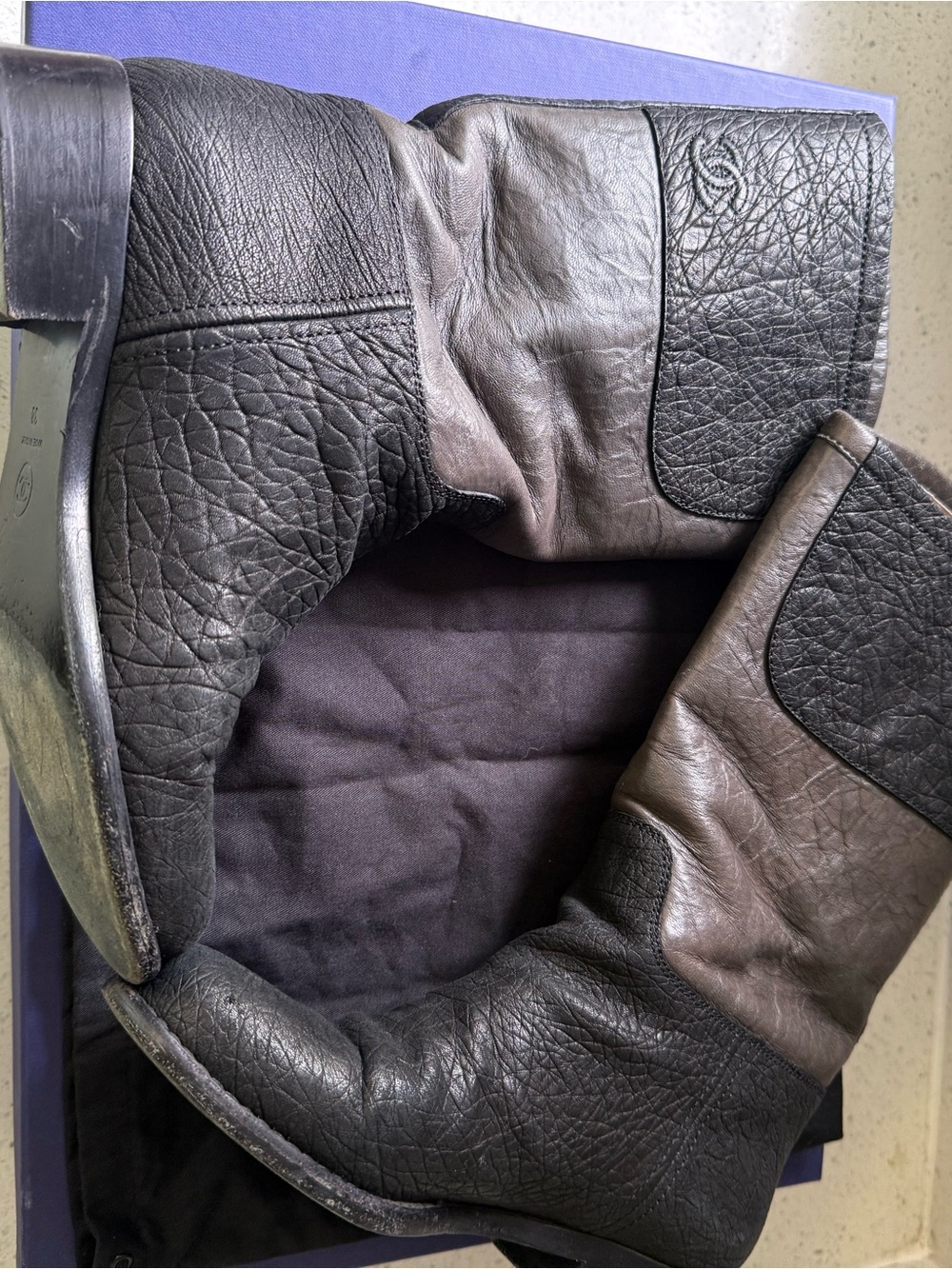 CHANEL Two-Tone Black and Brown Leather Moto Boots
